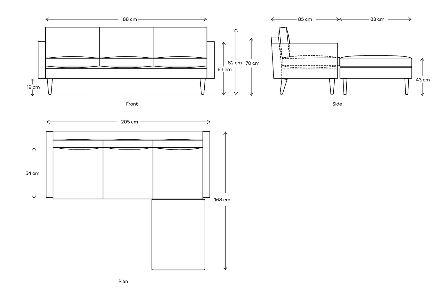 Dreisitzer-Ecksofa Model 01 mit Ecke rechts