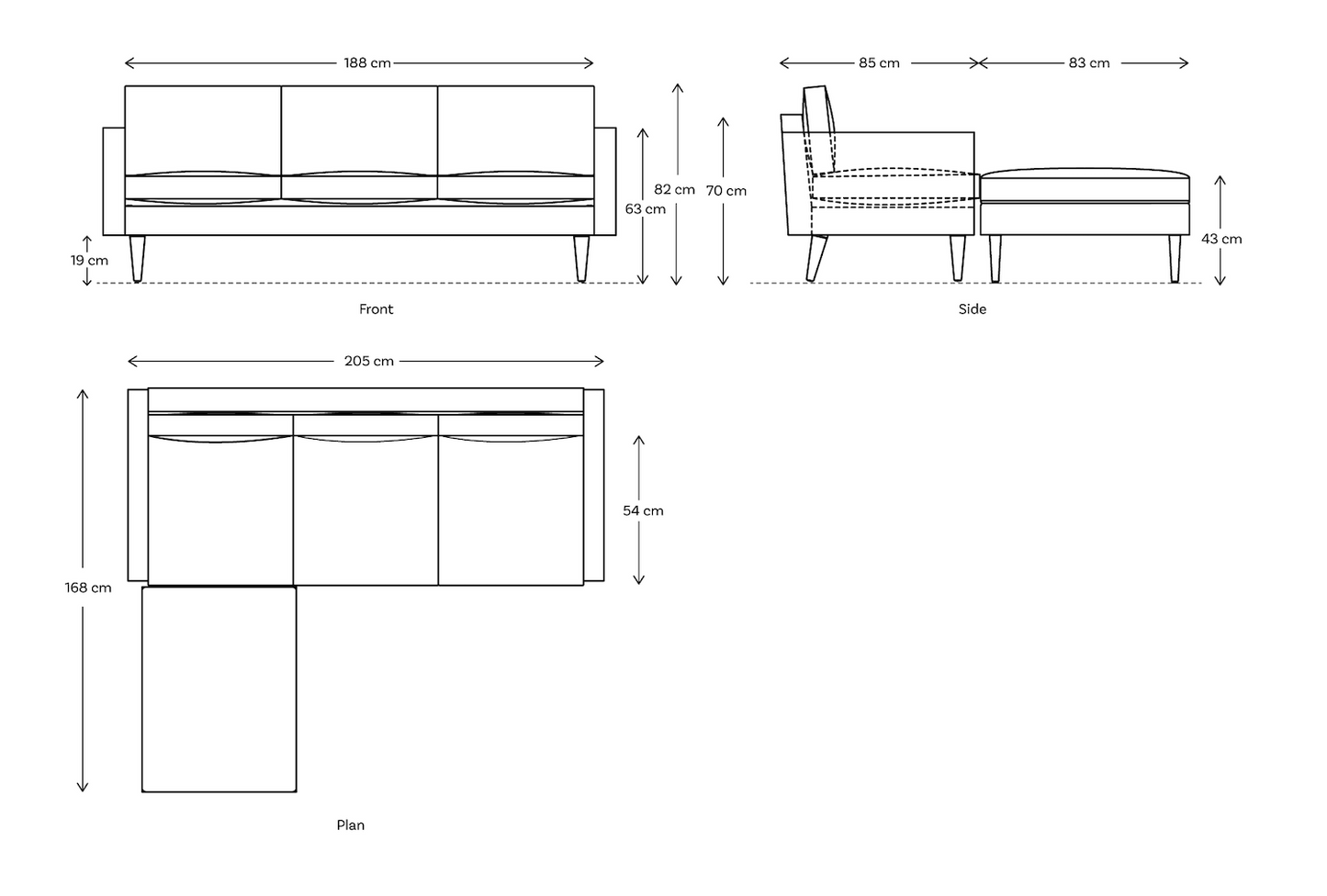 Dreisitzer-Sofa Model 01 mit Ecke links