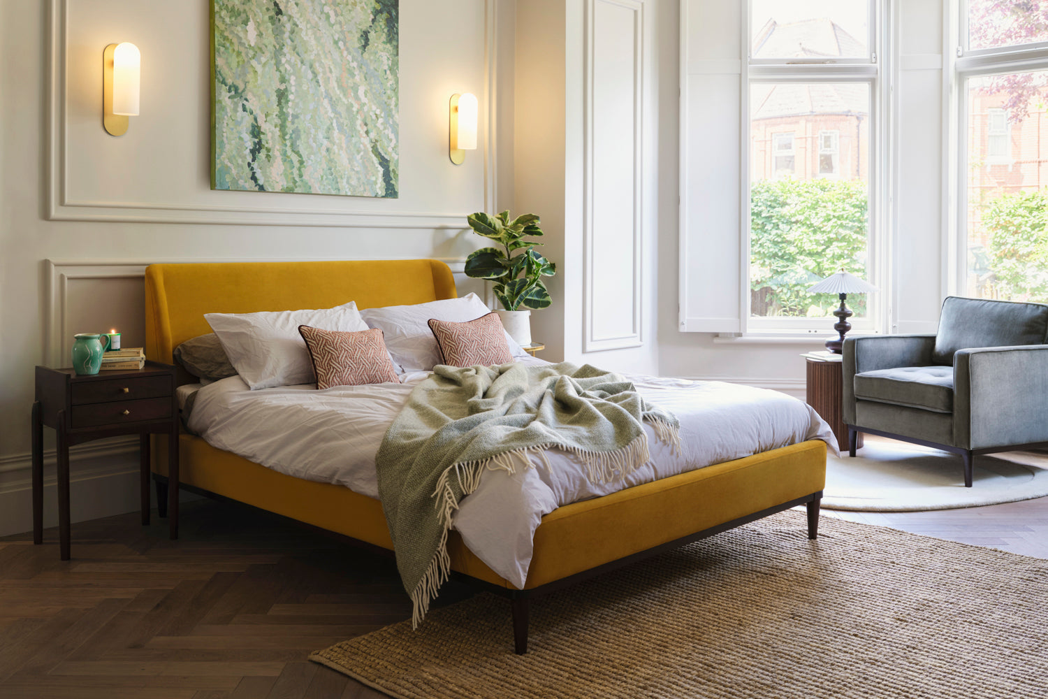yellow bed in bedroom